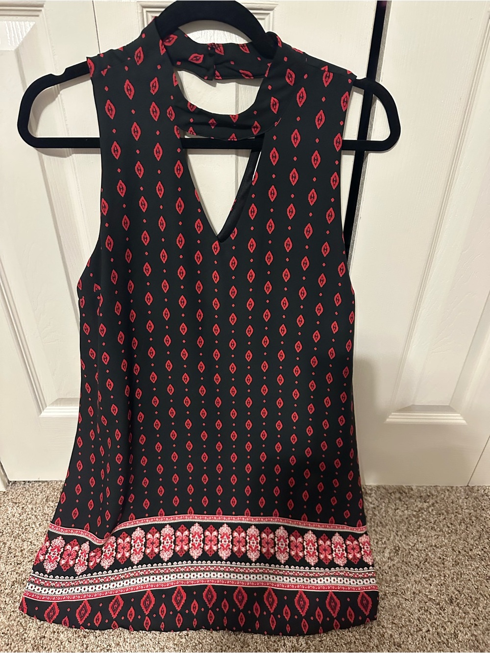 Black Tank Top with Red Geometric Print and Choker Neck
